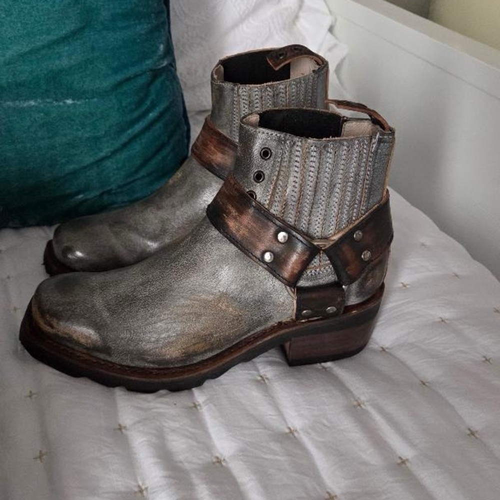 freebird Metallic Silver Leather Harness Ankle Boots with Brown Accents